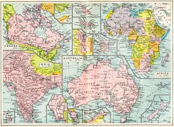 Karta över brittiska ägodelar 1914 vid utbrottet av första världskriget, från The British Empire Universities Modern English Illustrated Dictionary, pub.1914