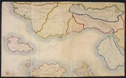 Karta över Verdopolis, eller Glasstaden; ett imaginärt land, illustration från "The History of the Young Men from their First Settlement to the Present Time", av Patrick Branwell Bronte och hans syster, Charlotte (penna med akvarell på papper)