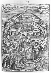 Karta över ön Utopia, bokens frontispice, 1563