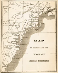 Karta som illustrerar det amerikanska frihetskriget, ur ”The National and Domestic History of England” av William Hickman Smith Aubrey (1858-1916), utgiven i London, ca 1890