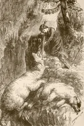 Marguerite de Roberval skjuter två björnar på Isle of Demons utanför Newfoundland (litho)