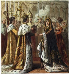 Äktenskap mellan Henrik VII, kung av England (1457-1509) med Elizabeth av York (1466-1503) den 18 januari 1486. Giftermål mellan Henry Seventh och Elizabeth of York. kromolitografi i "" Pictures of English History"" publicerad av George Routledge & Sons.18