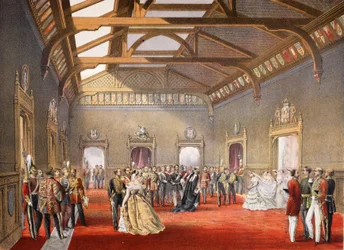 Marshalling av brudens procession i den centrala hallen i de tillfälliga lägenheterna, från A Memorial of the Marriage of Edward VII and Alexandra of Denmark, pub. 1864
