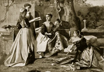 Mary Queen of Scots i en klosterträdgård, illustration från Hutchinsons Story of the British Nation, c.1923