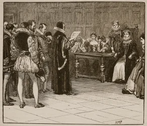 Mary Queen of Scots får besked om sin undergång, illustration från Cassells Illustrated History of England (sepiafoto)