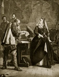 Mary Queen of Scots undertecknar sin abdikation, juli 1567, illustration från Hutchinsons Story of the British Nation, ca 1923