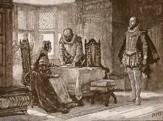 Mary undertecknar abdikationshandlingen i Lochleven Castle, illustration från Cassells Illustrated History of England (sepiafoto)