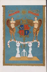 Frimurarloge-emblem med vapensköld och änglar