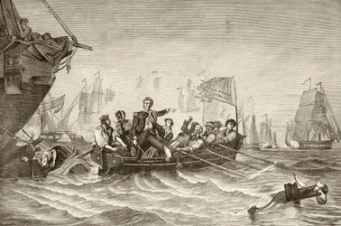 Befälhavare Oliver Hazard Perry flyttar från US Brig Lawrence till US Brig Niagra under slaget vid Lake Erie (litho)