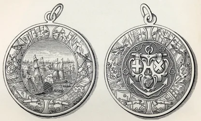 Medalj till minne av amiral Robert Blakes segrar över holländarna 1653, från A Short History of the English People av J. R. Green, publicerad 1893