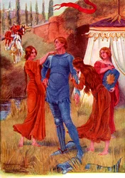 Medeltida riddare, Morgonstjärnan redo för strid. Färgglad illustration från historien om Gareth och Lynette från boken The Gateway to Tennyson publicerad 1910.