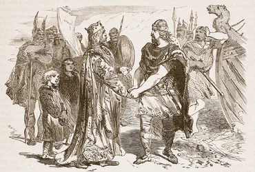 Möte mellan Edmund Ironside och Canute på Isle of Alney i Severn 1016, illustration från Cassells Illustrated History of England (sepiafoto)