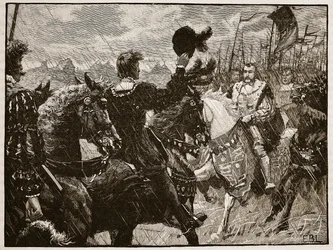 Möte mellan Henry och kejsaren Maximilian, illustration från Cassells Illustrated History of England (sepiafoto)
