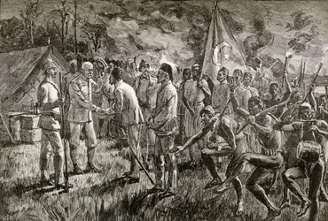 Mehmet Emin Pasha och Gaetano Casati anländer till Sir Henry Morton Stanleys sjöstrandläger vid Lake Albert 1889, 1890 (trägravyr)