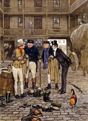 Medlemmar av Pickwick-klubben möter Sam Willer Illustration av Charles Dickens (1812-1870) verk från den engelska skolan. 1837 Privat samling