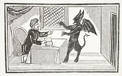 Mephistopheles kommer till Doctors house, illustration från Chap-books of the Eighteenth Century av John Ashton, pub. 1882