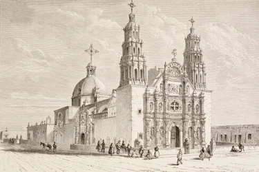 Metropolitan katedral på Plaza de Armas, Chihuahua, Mexiko under artonhundratalet (litho)