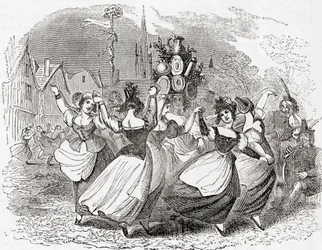 Mjölkflickans dans, med hög av tallrikar, May Day, England, från Old England: Ett bildmuseum, pub. 1847