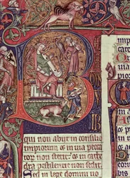 Mms 9961-2 Historiad initial B från Peterborough Psalter föreställande kung David spelar harpa, engelska, (ca 1310-20)