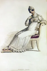 Morgonklänning, modetallrik från Ackermanns Repository of Arts (färgad gravyr)