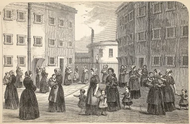 Mödrar, med sina barn, tränar i Tothill Fields Prison, illustration från The Criminal Prisons of London och Scenes from Prison Life av Henry Mayhew och John Binny, pub. 1862