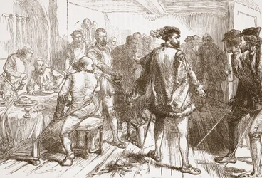 Mouchares band som attackerar protestanterna på Hostelry i Faubourg St. Germain, illustration från The History of Protestantism av James Aitken Wylie (1808-1890), pub. 1878