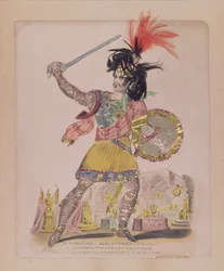 Mr. Gomersall i rollen som Earl Douglas från "The Ballad of Chevy Chase", pub. av Orlando Hodgson, 1832 (gravyr och collage)