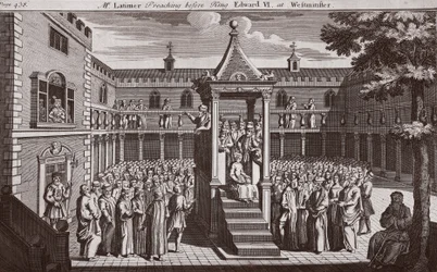 Herr Latimer predikar inför kung Edward VI i Westminster, illustration från Foxes Martyrs c.1703