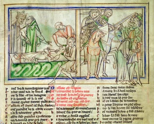 Ms.Ee.3.59 fol.6r Harald Harefoot övervakar tortyren av Alured och förtrycket av folket i England, från St. Edward the Confessors liv, ca 1250-60