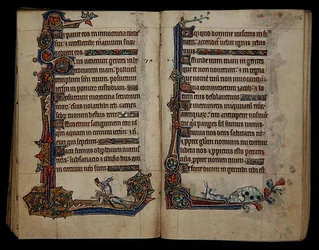 Ms 1-2005, ff.115v-116r: jakt på kanin som rider på en hund, marginaldekoration från Macclesfield Psalter, Use of Sarum, East Anglia, c.1330 (vellum)
