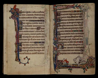 Ms 1-2005, ff.67v-68r: En gigantisk skridsko skrämmer en man, gränsdekoration från Macclesfield Psalter, Use of Sarum, East Anglia, c.1330 (vellum)