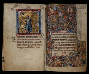 Ms 1-2005, ff.8v-9r: Christ in Judgment and the Tree of Jesse, from the Macclesfield Psalter, Use of Sarum, East Anglia, c.1330 (vellum)