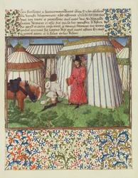 Ms. 2597 Desire knäböjer framför Honor och ber om hjälp från Heart, faksimilutgåva av Livre du Coeur dAmours Espris av Rene dAnjou