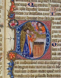 Ms 26 f.22r. Psalm 38, David pekar på sin mun, från Ramsey Abbey Psalter, ca 1380