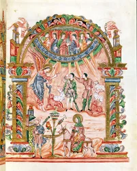 Ms 274 (Y-6) fol.33 Bebådelsen till herdarna och flykten till Egypten, från Missal av Robert av Jumieges, c.1016