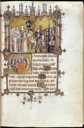 Ms 38-1950, f.29r: David i spetsen för en procession som bär Goliats huvud på en lans, från Bohun Psalter, ca 1370