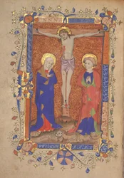 Ms 515 fol.108r Crucifixion with St. Mary and St. John the Baptist, från Missal of St. Botolph Aldersgate, c.1420-30