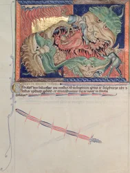 Ms L.A. 139-Lisboa fol.71 Helvetets käftar som sväljer den röda draken, havets odjur och jordens odjur, från Gulbenkian Apocalypse, c.1265-70