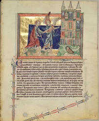 Ms L.A. 139-Lisboa fol.74 En ängel som visar det nya Jerusalem för St. John the Evangelist, från Gulbenkian Apocalypse, c.1265-70
