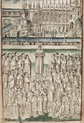Ms New Coll 288, f3v. (Chaundler-manuskript), Life of William of Wykeham av Thomas Chaundler (penna och bläck & tempera på veläng)