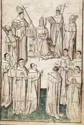 Ms. New Coll 288, f4r. (Chaundler-manuskript), Life of William of Wykeham av Thomas Chaundler (penna och bläck & tempera på veläng)