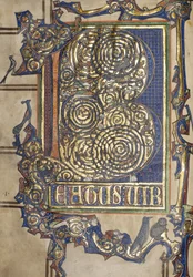 Ms. New Coll 358, frontispice, Psalter, St. Albans (penna & bläck och guld på veläng)