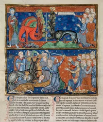 Ms R.16.2 f.14b Dödandet av det sjuhövdade odjuret, från Trinity Apocalypse, anglo-normandisk, ca 1250 (pergament)