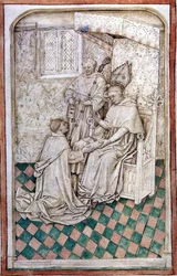 Ms R 14.5 f.8v Thomas Bekynton, biskop av Bath and Wells, tar emot Chaundler, från Abingdon Missal, 1457-61