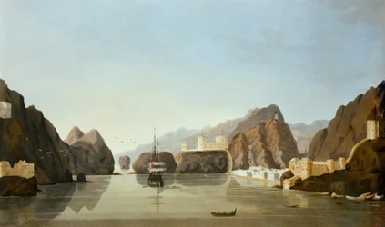 Muscat från hamnen med en brittisk fregatt för ankar, från Sixteen Views of Places in the Persian Gulf, av löjtnant R. Temple, publicerad 1813 (akvatint)