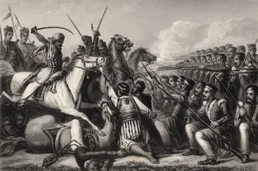 Mutineers kavalleri attackerar ett infanteritorg vid slaget vid Cawnpore 1857, från "The History of the Indian Mutiny", publicerad 1858.