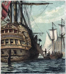 Napoleon I levereras till engelsmännen. Ombordstigning från Napoleon till Sainte-Helene (Sainte Helene) ombord på Bellerophon den 15 juli