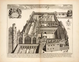 New College, skylt 19 från Oxonia Illustrata av David Loggon, Oxford 1675
