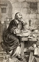 Nicholas Ridley skrev brev i fängelset i väntan på sin avrättning, ca 1865 (trästick)