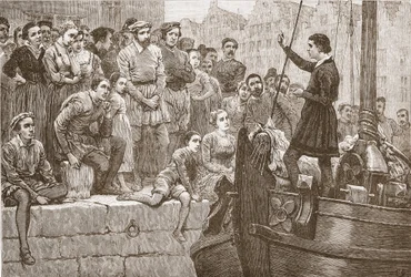 Nicholas predikar för folkmassan från en båt på Schelde, illustration från The History of Protestantism av James Aitken Wylie (1808-1890), pub. 1878